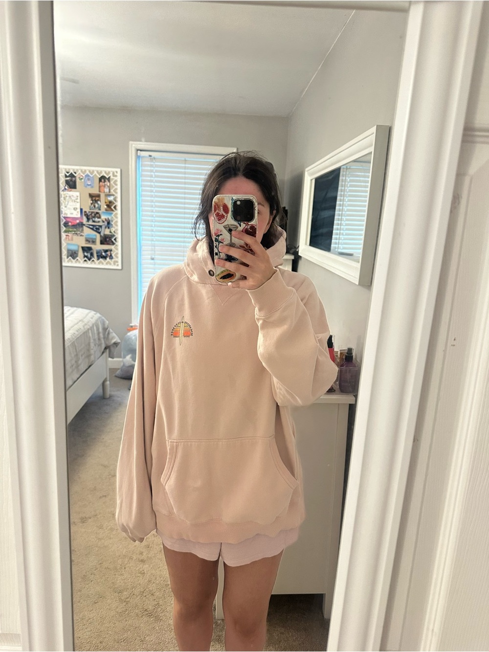 Cozy Oversized Cream-Pink Hoodie with Subtle Rainbow Patch